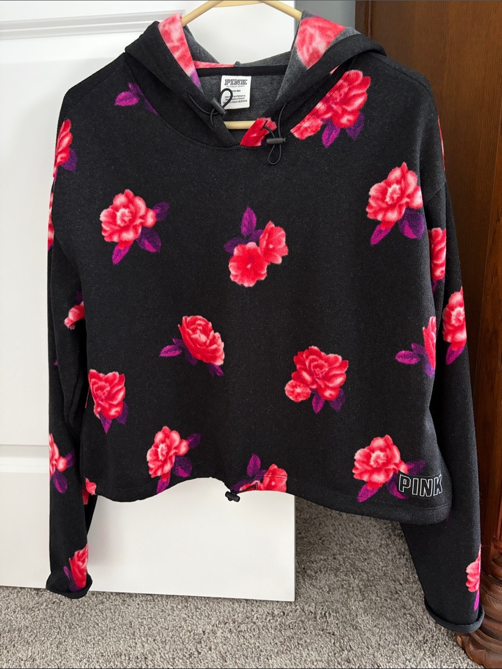 PINK Victoria's Secret Black Floral Hooded Pullover